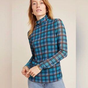 LA VIE REBECCA TAYLOR blue plaid mesh long sleeve turtleneck XS
